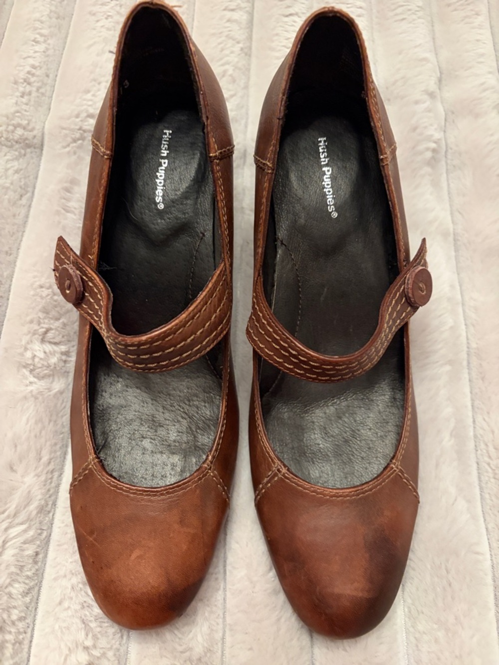 Hush Puppies Brown Leather Mary Jane Block Heel with Button Strap